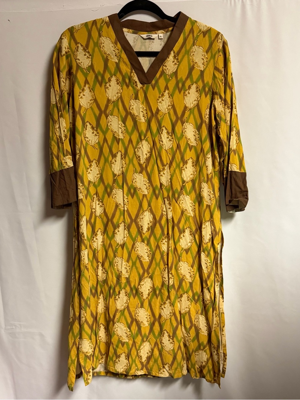 Mustard Yellow Printed V-Neck Tunic Dress